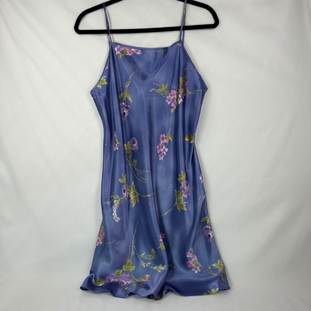 Vintage Gilligan & O'Malley Satin Slip Dress – Purple Floral Satin Mini Slip (M)